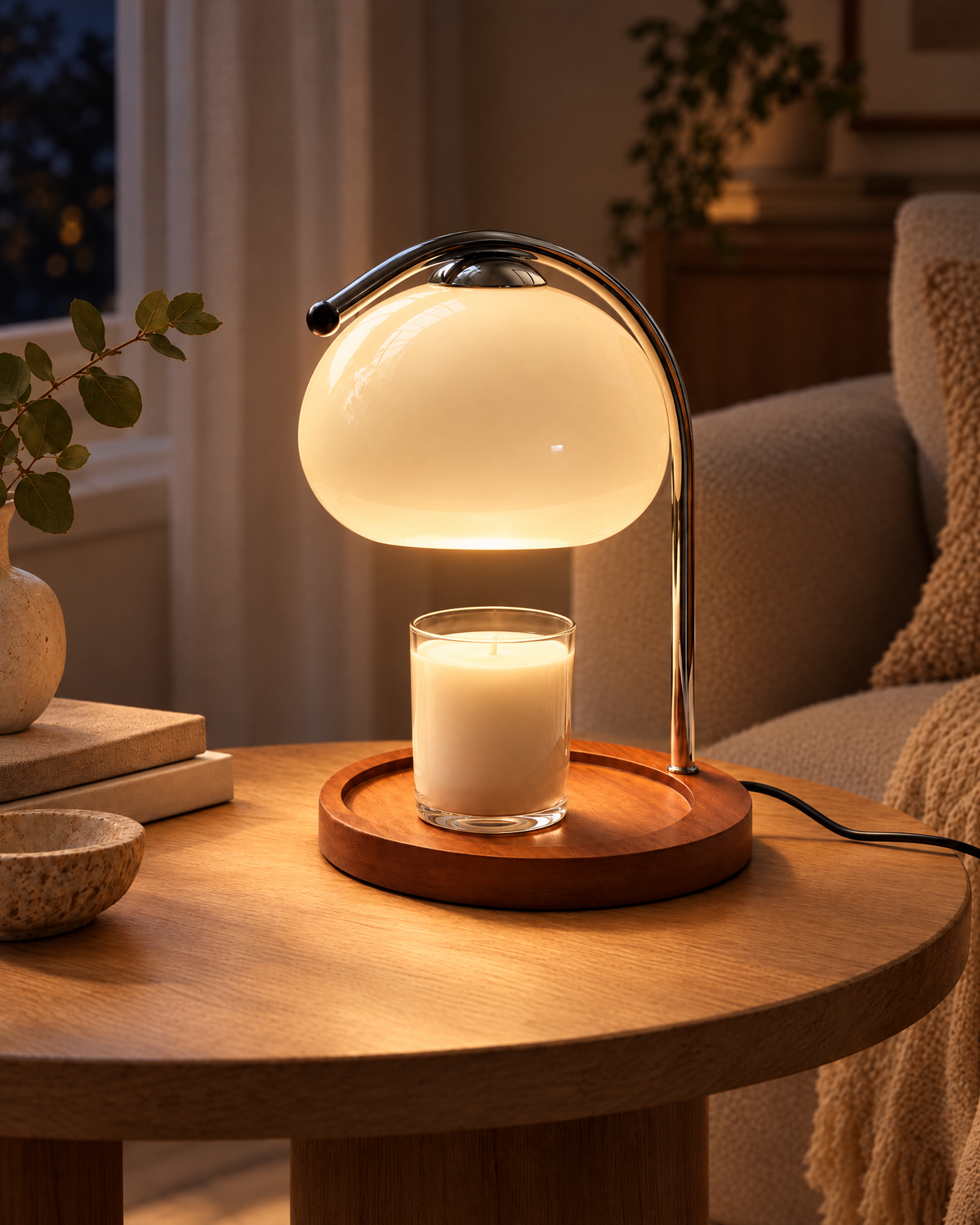 Ambrio Candle Warmer Lamp switched on at night