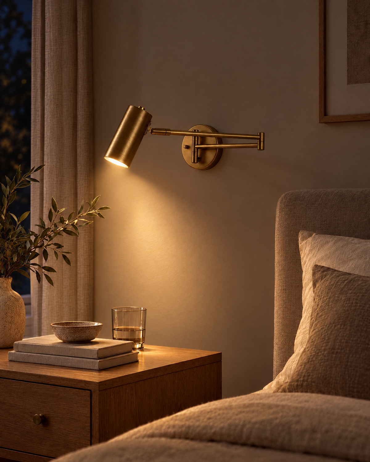 Arvilo Swing-Arm Wall Light switched on at night