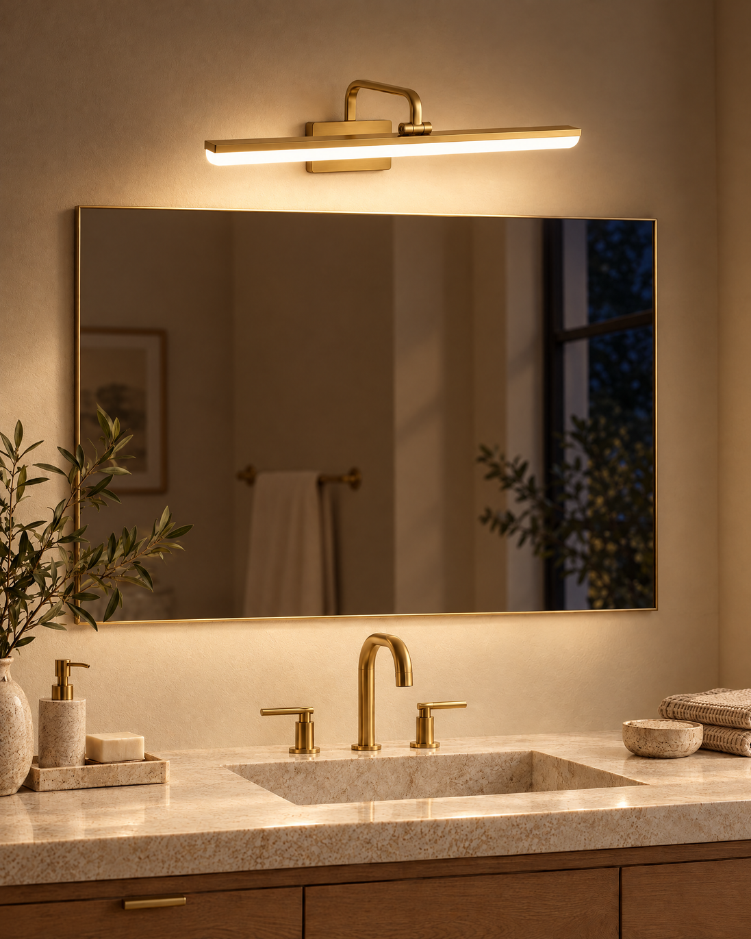 Aurelle LED Vanity Light switched on at night