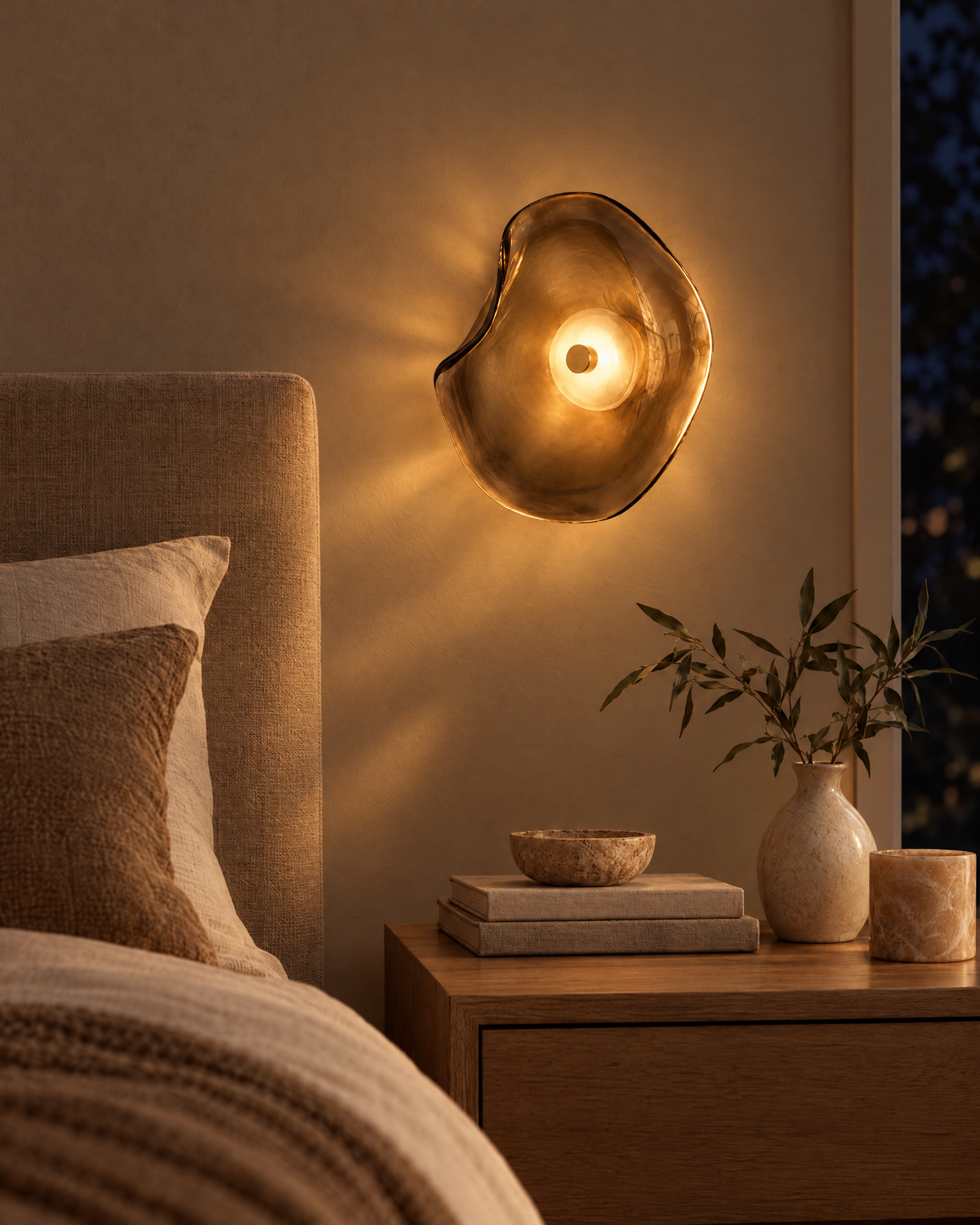 Auris Glass LED Wall Sconce switched on at night