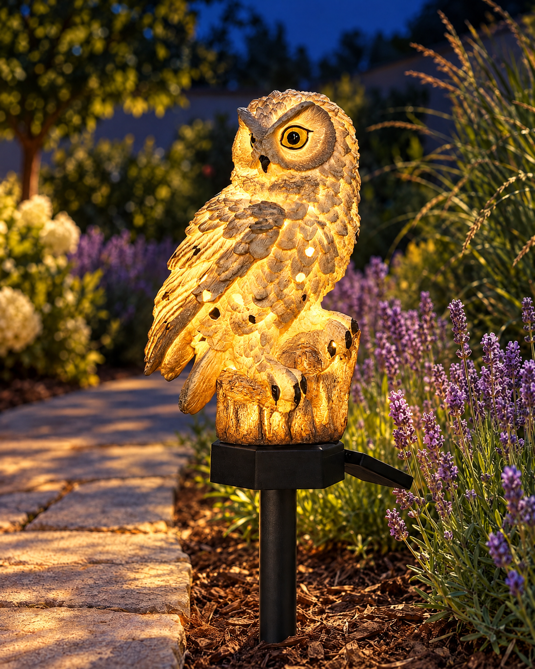 Noctua Solar Owl Garden Light switched on at night