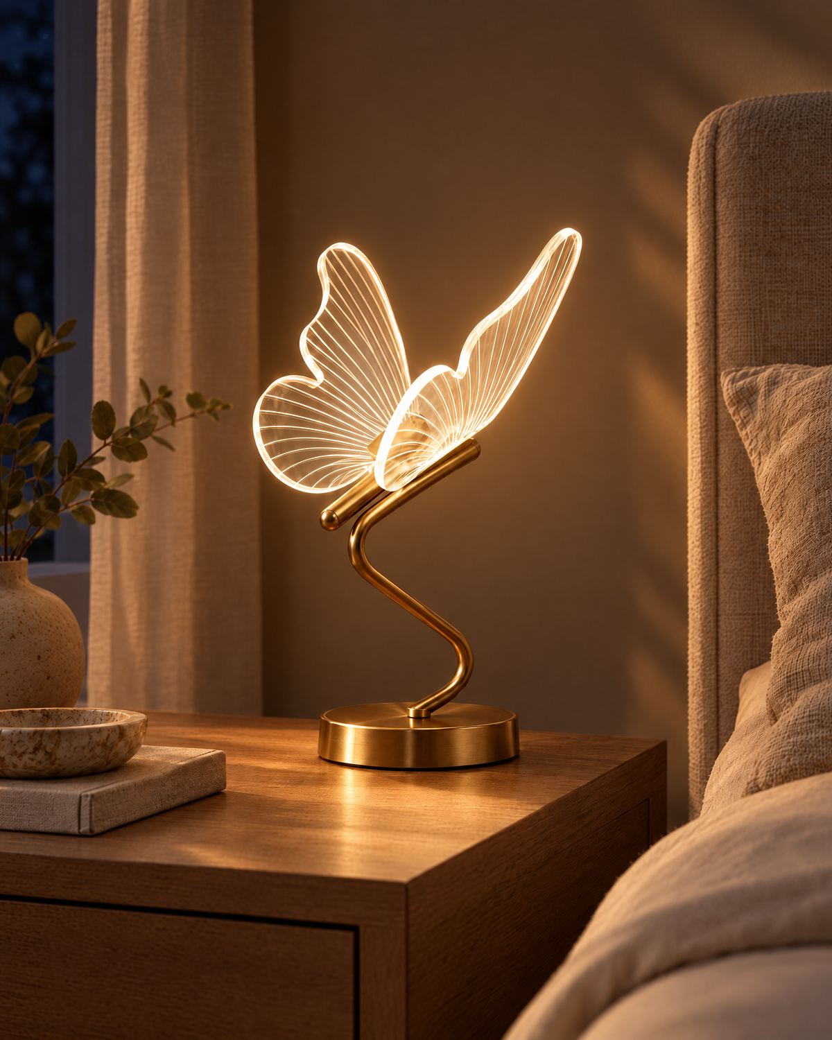 Alivrek Butterfly Table Lamp switched on at night