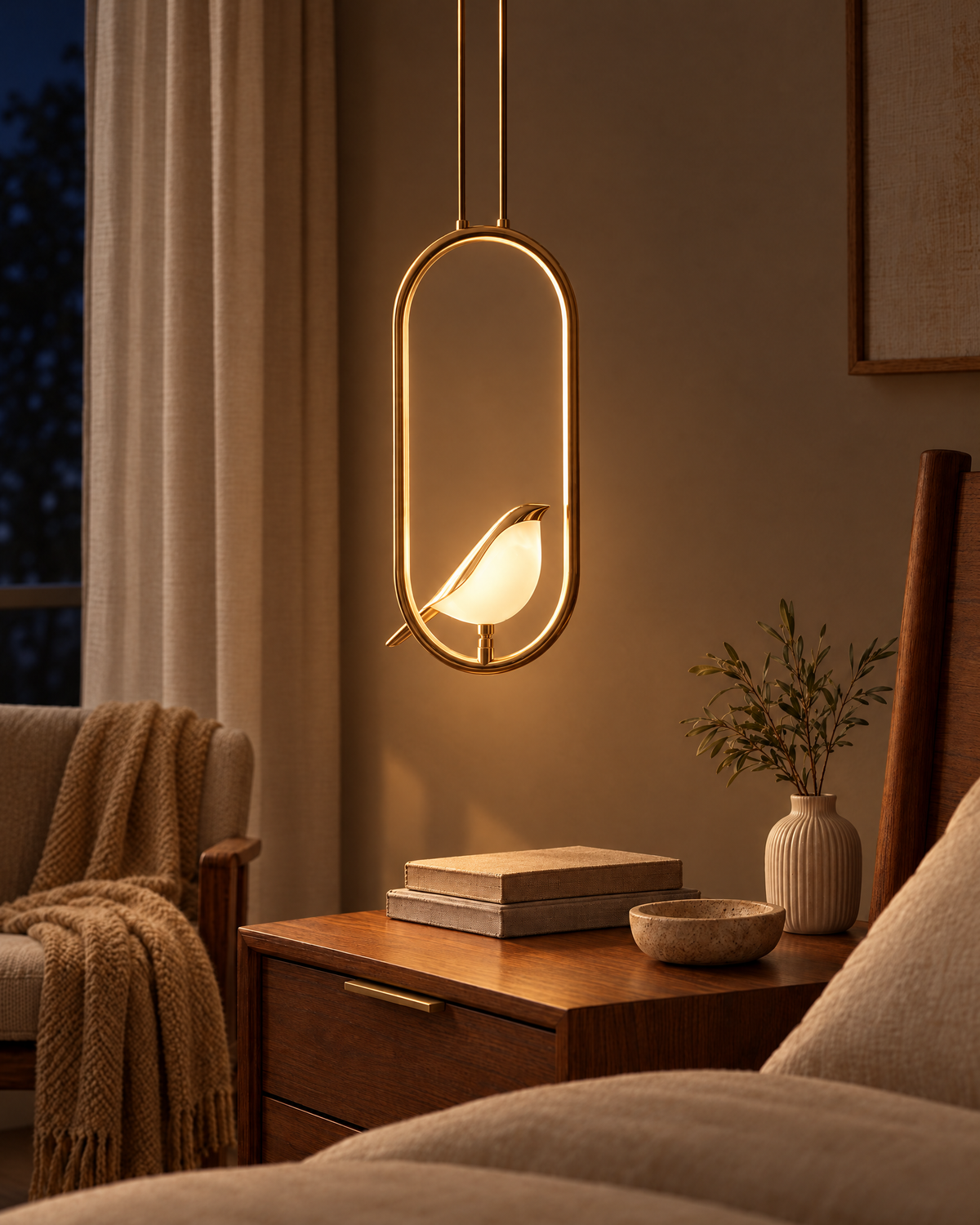 Aviora Bird Pendant Light switched on at night