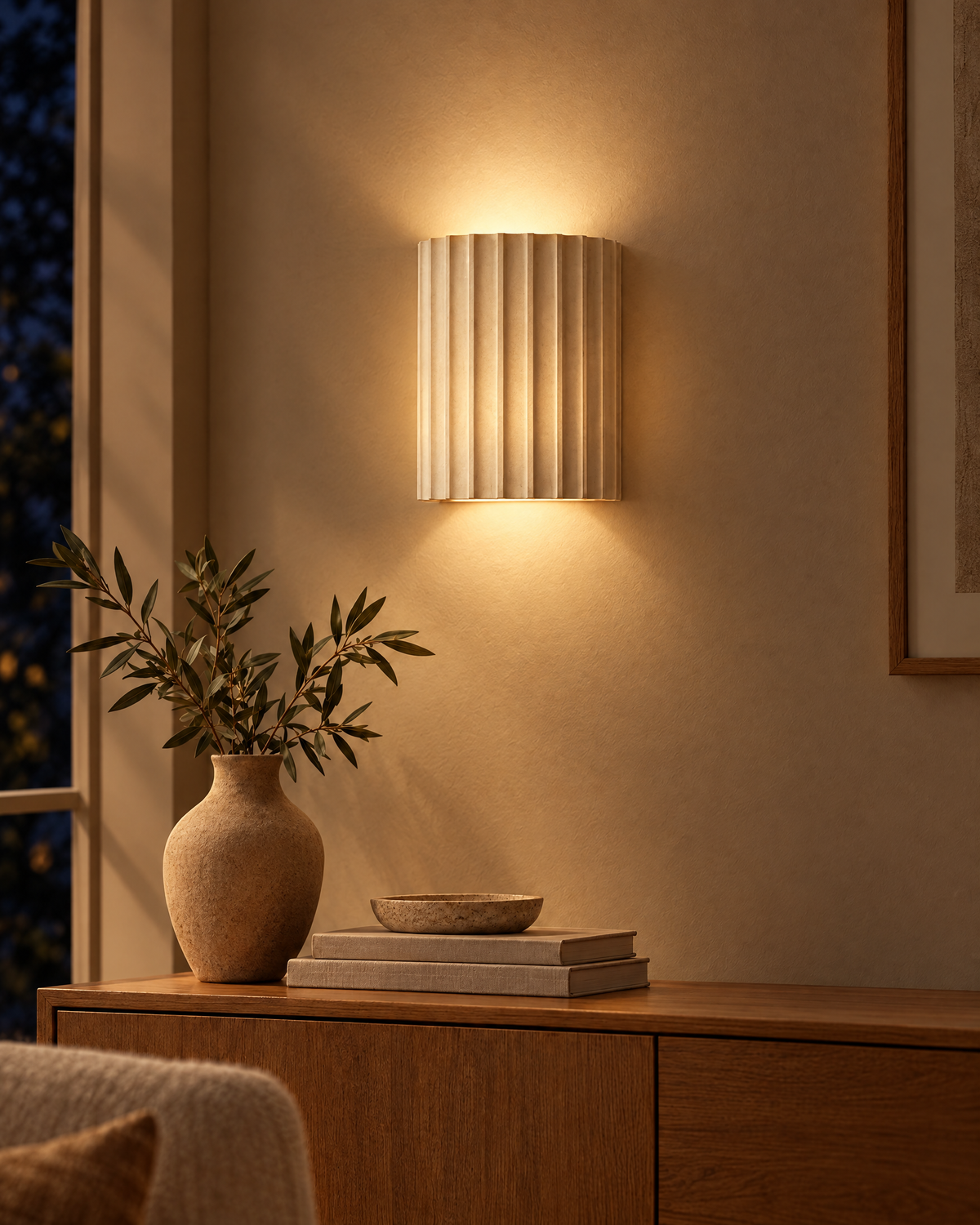 Rilla Resin Wall Lamp switched on at night