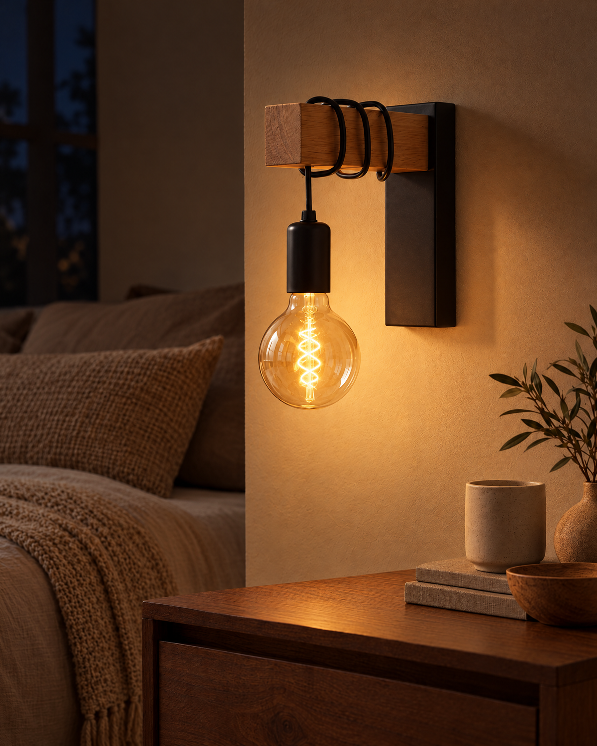 Ardeno Industrial Wall Sconce switched on at night