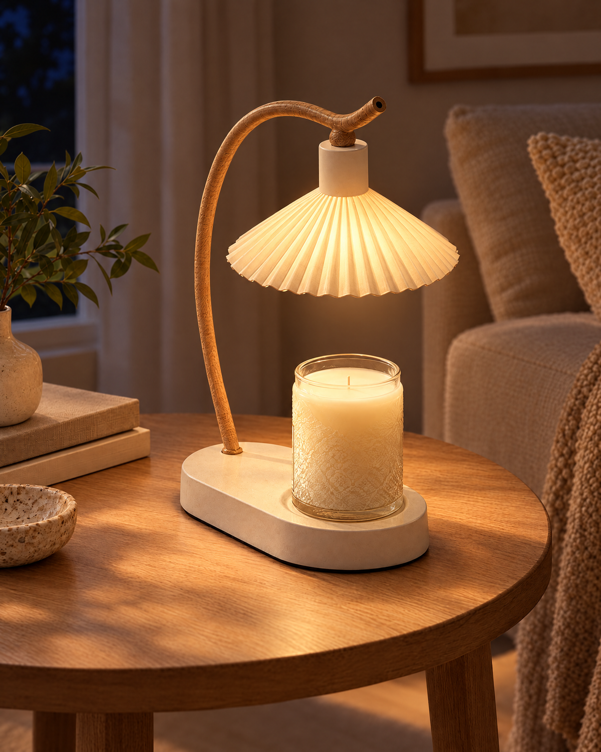 Vanessa Candle Warmer Lamp switched on at night