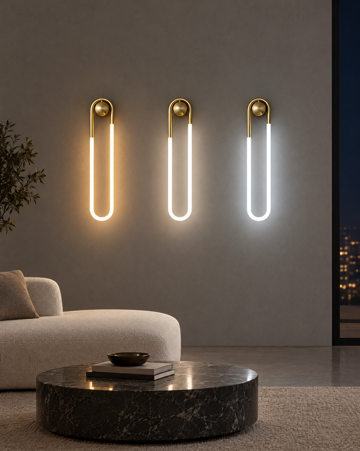 Three Cadrelle wall lights showing warm, neutral and daylight white