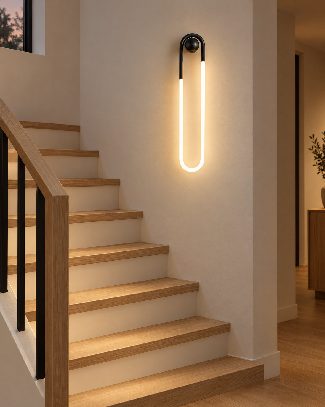 Black Cadrelle loop wall light beside a staircase