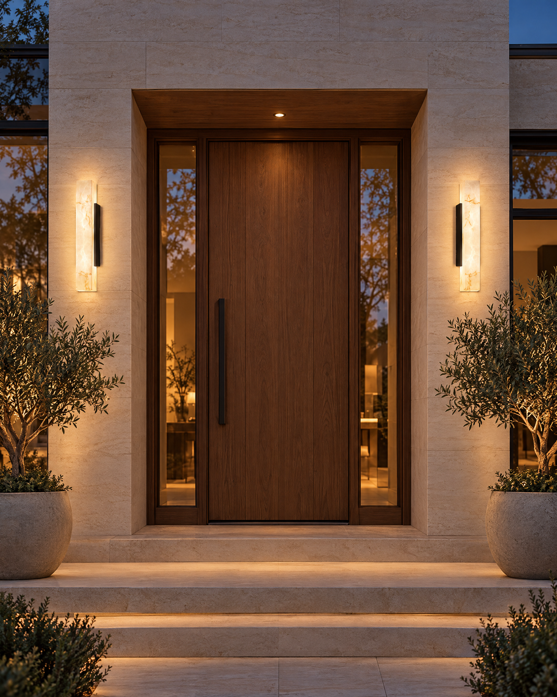 Two Lithara stone-look wall lights glowing either side of a front door at dusk