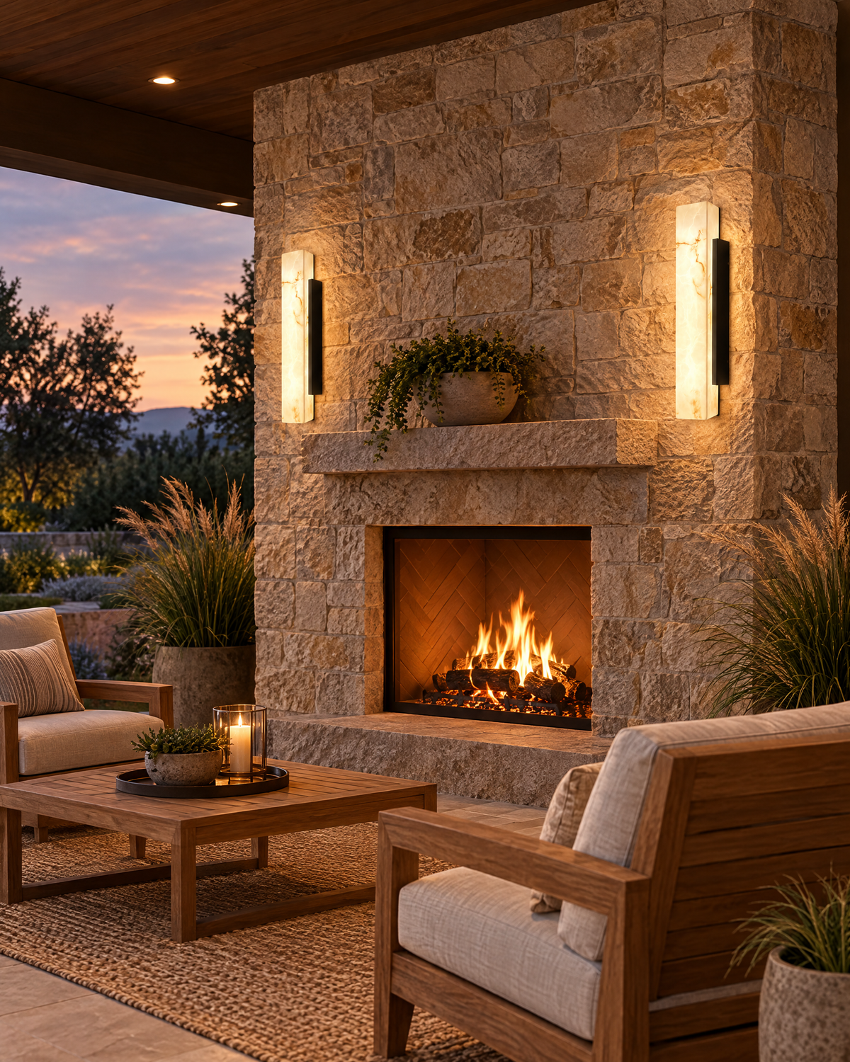 Lithara stone-look wall lights beside an outdoor fireplace on a patio