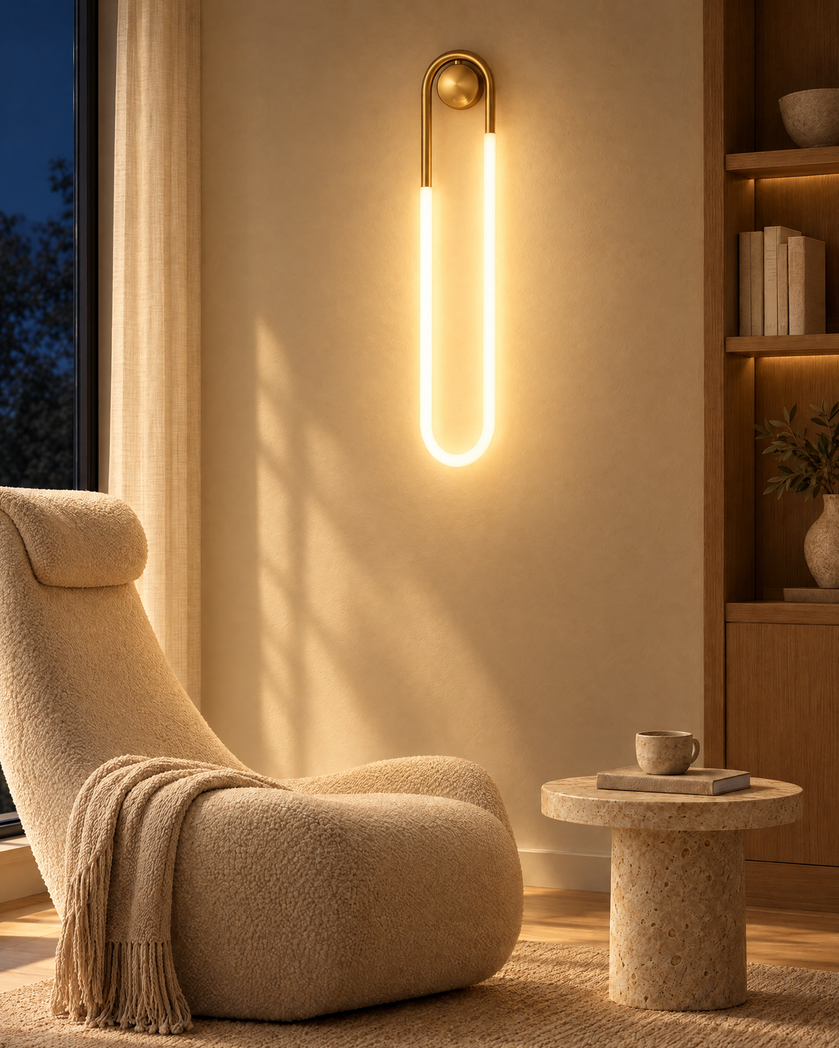 Cadrelle Loop LED Wall Sconce switched on at night