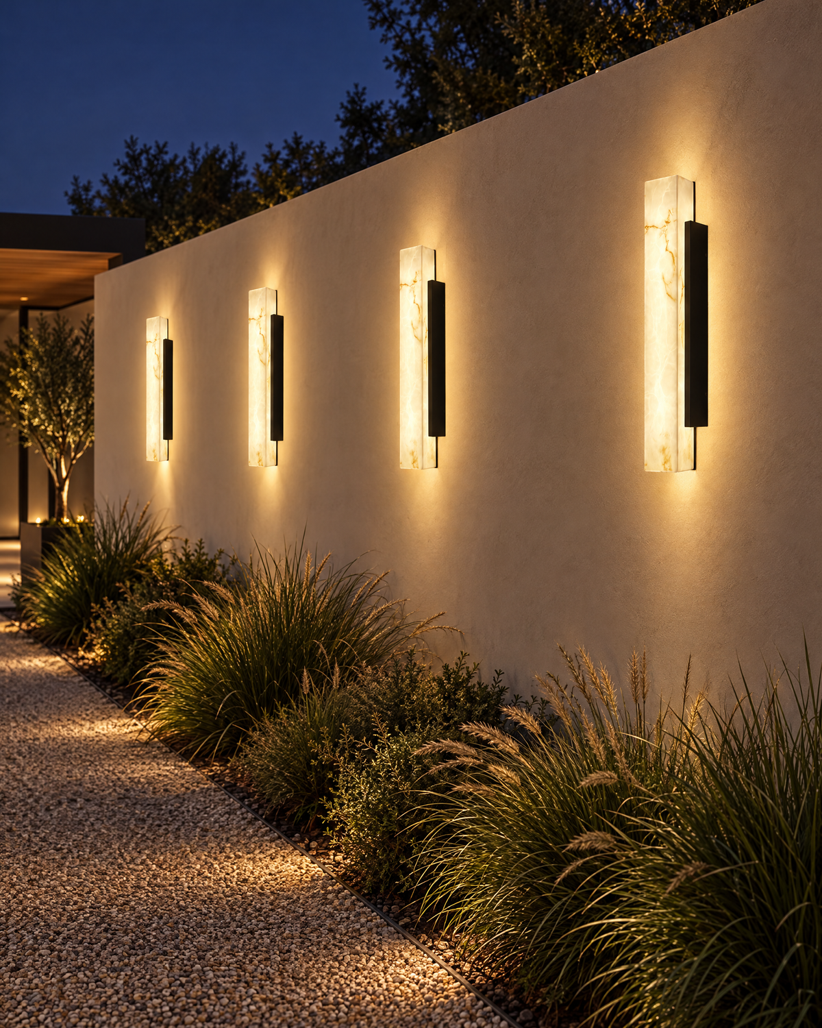A set of four Lithara wall lights along a courtyard wall at night