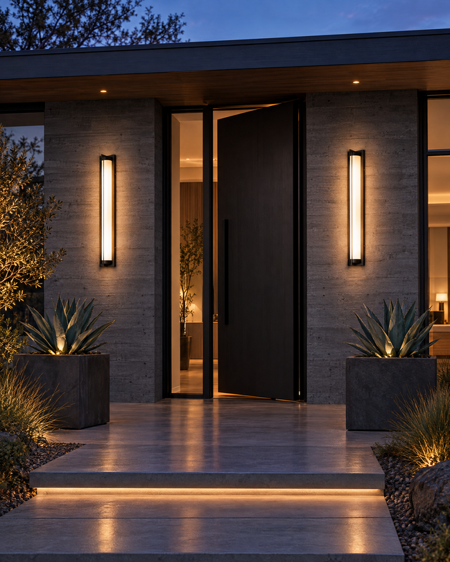 Two Nerolo black outdoor wall sconces either side of a modern front door at dusk