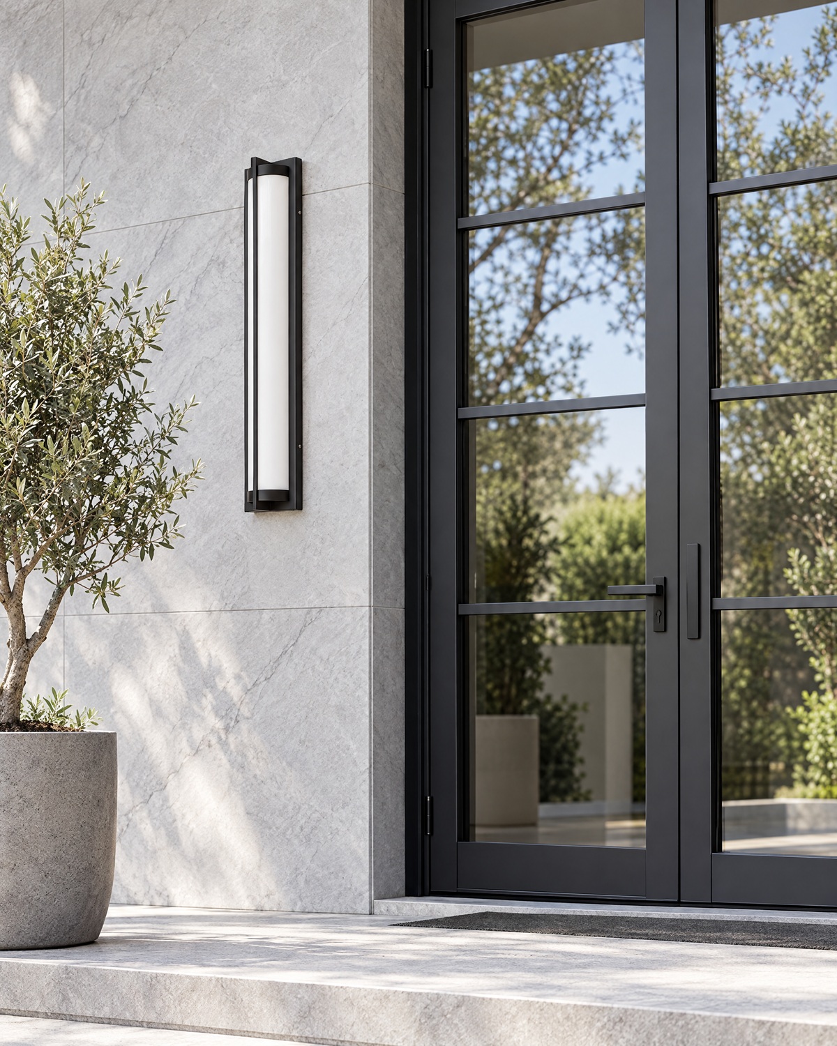 Nerolo Black Outdoor Wall Sconce switched off in daylight
