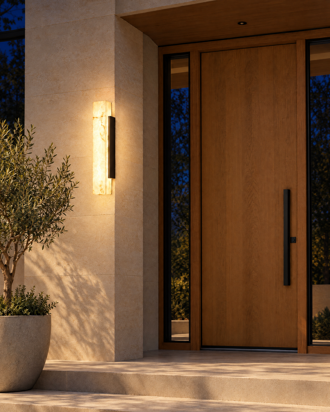 Lithara Stone-Look Outdoor Wall Light switched on at night