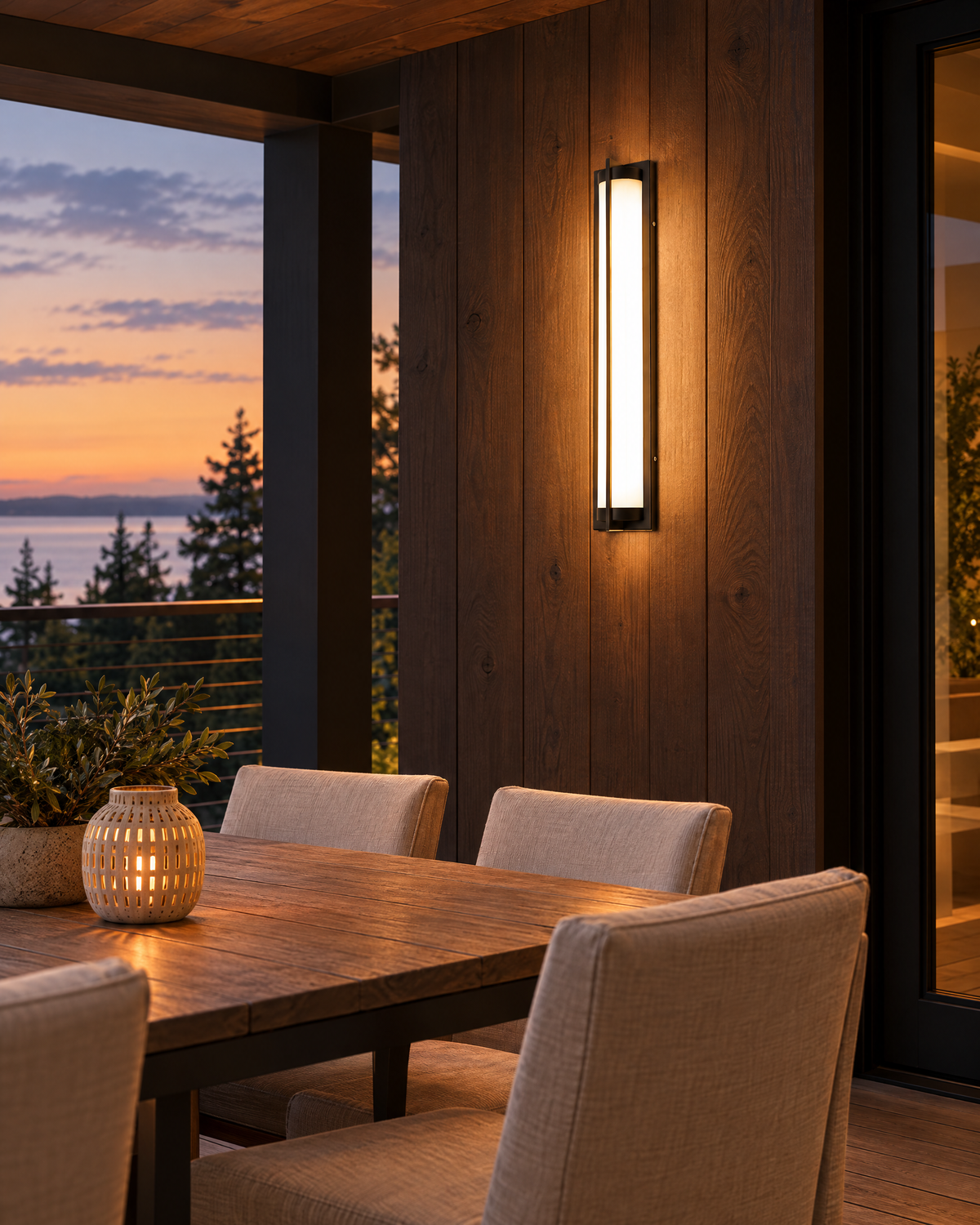 Nerolo outdoor wall sconce on a covered deck above a dining table