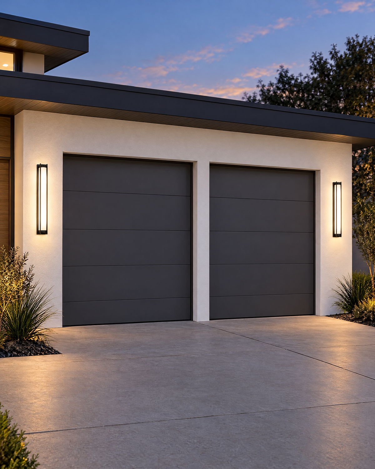 Two Nerolo outdoor wall lights either side of a garage door