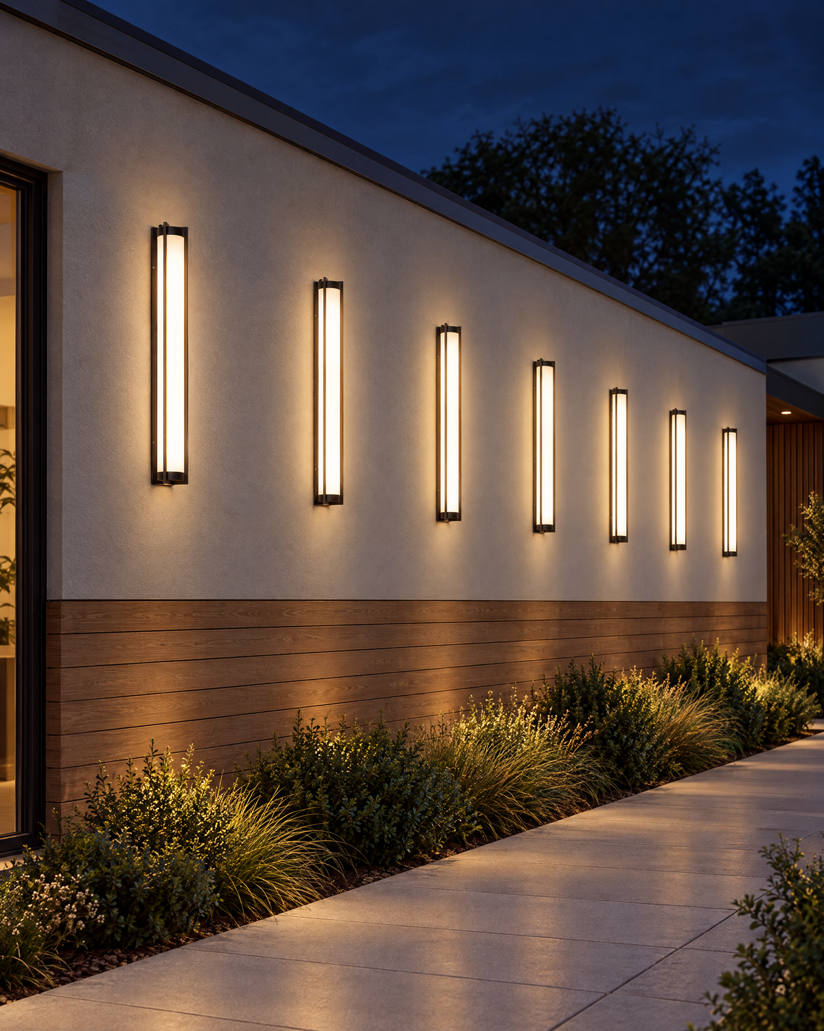 A set of six Nerolo outdoor wall lights along a house facade at night