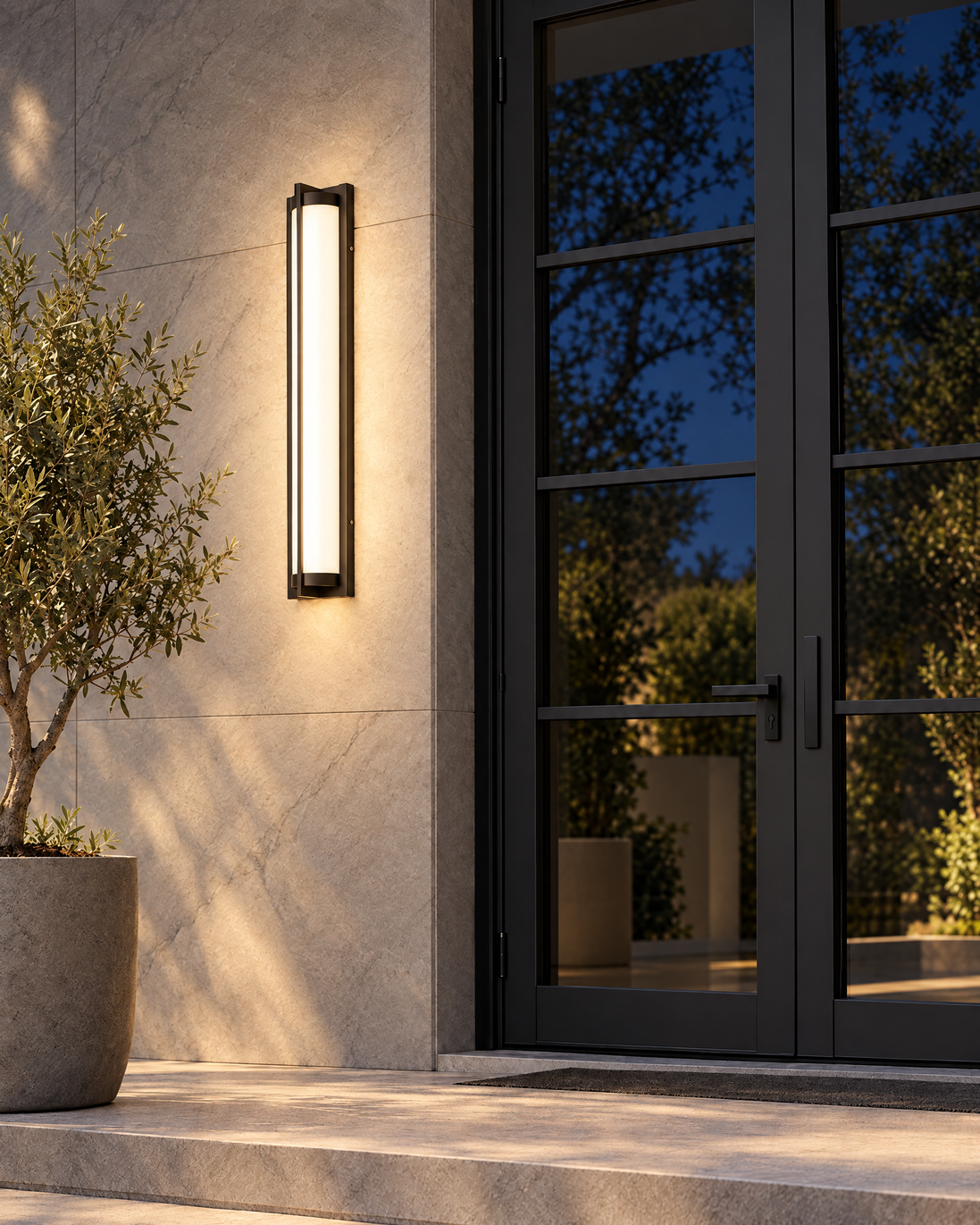 Nerolo Black Outdoor Wall Sconce switched on at night