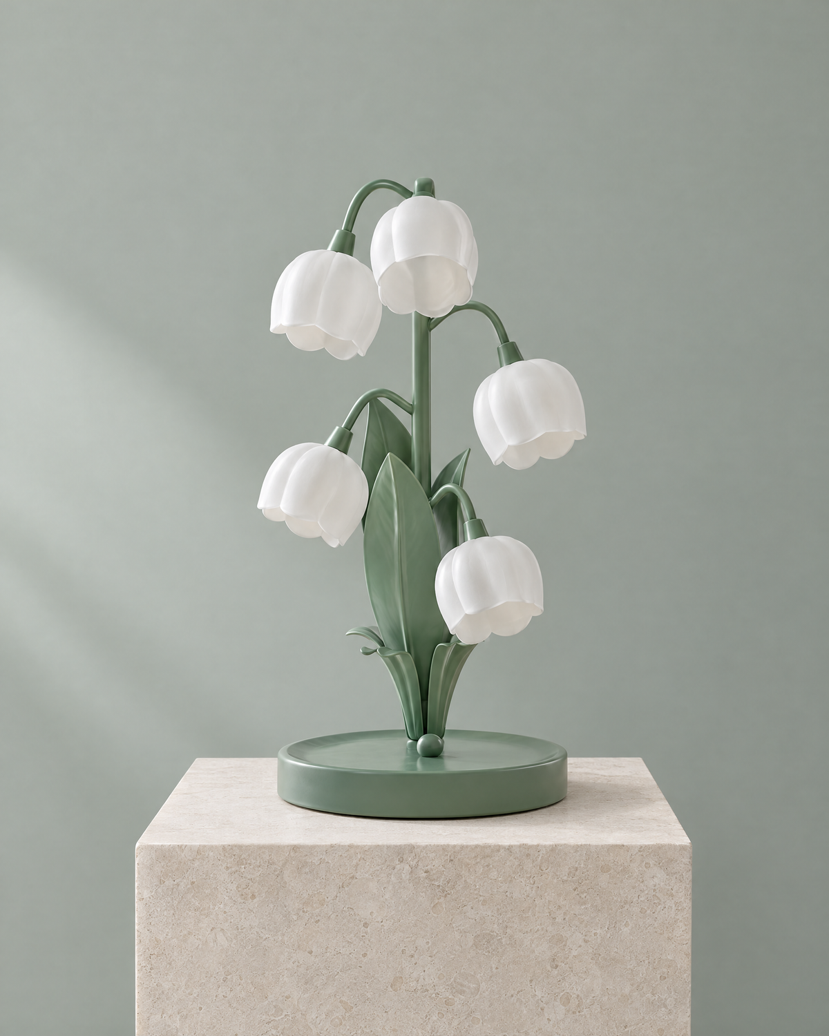 Muguet lily of the valley table lamp with five frosted white bell shades and sage green leaves