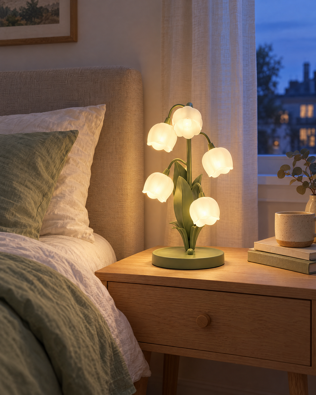 Muguet flower lamp glowing on a bedside table in a cozy bedroom