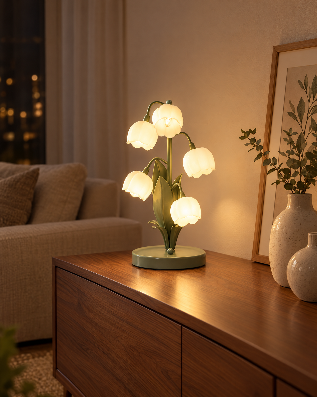 Muguet lily of the valley lamp on a walnut sideboard in a living room at night