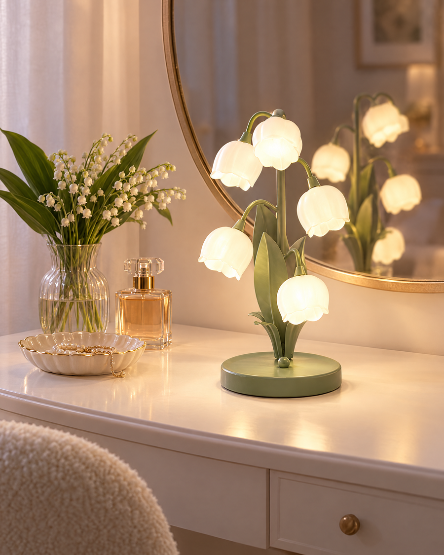 A romantic glow next to the mirror.