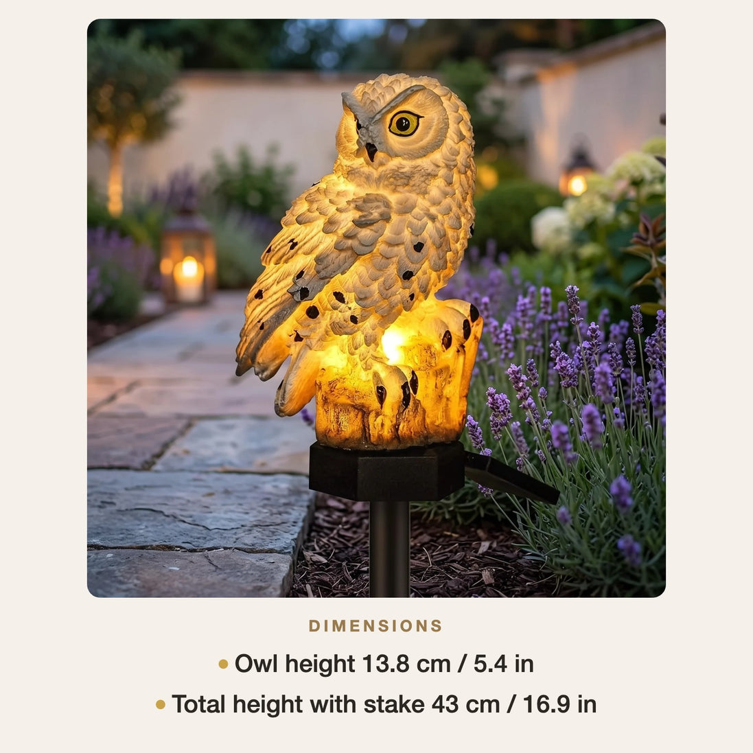 Solar Owl Garden Light dimensions: owl 13.8 cm tall, 43 cm total with stake