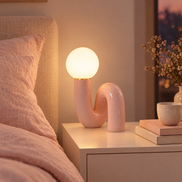 Pink swirl globe lamp glowing on a bedside table in a cozy bedroom