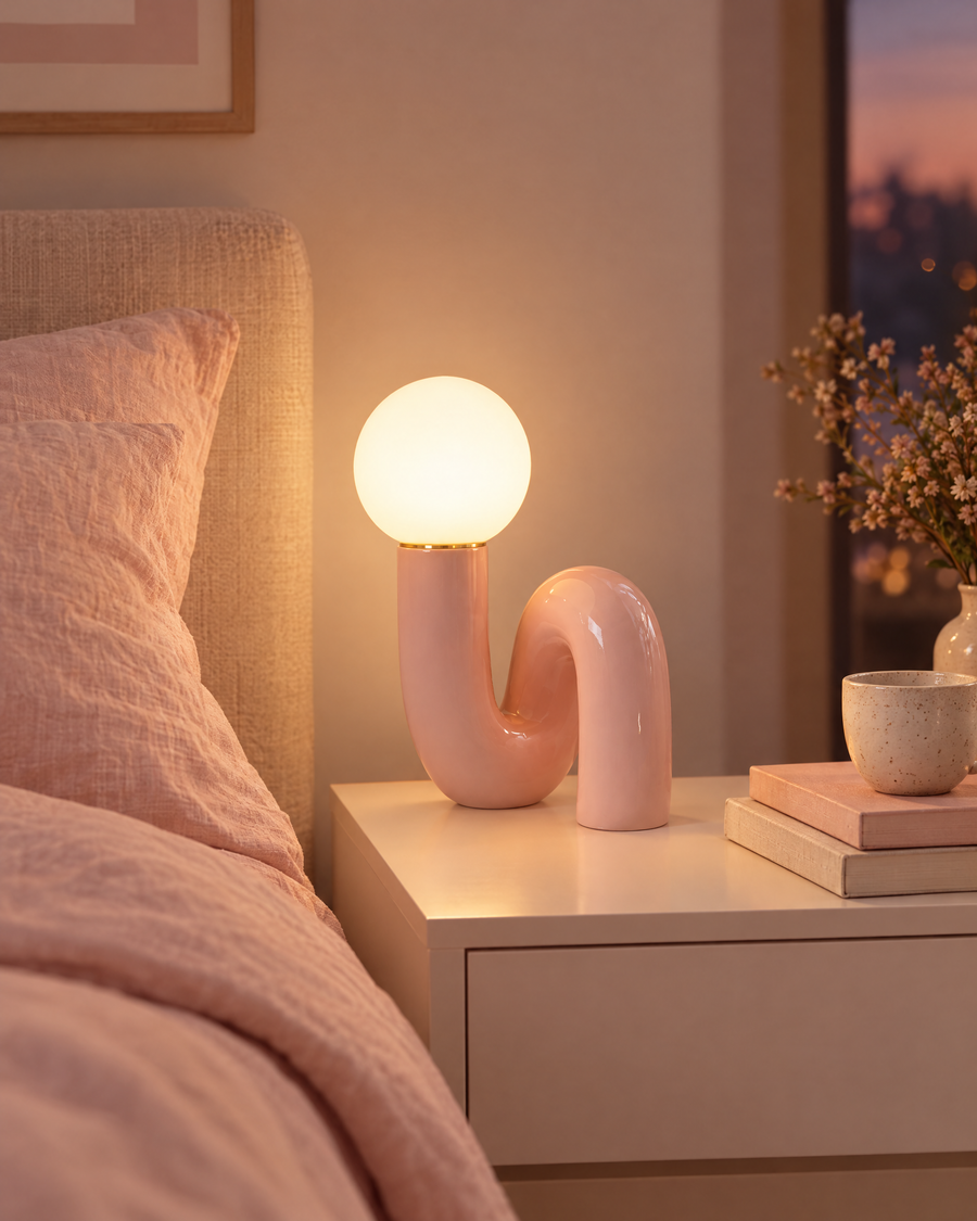 Pink by the bed, glowing soft at the end of the day.
