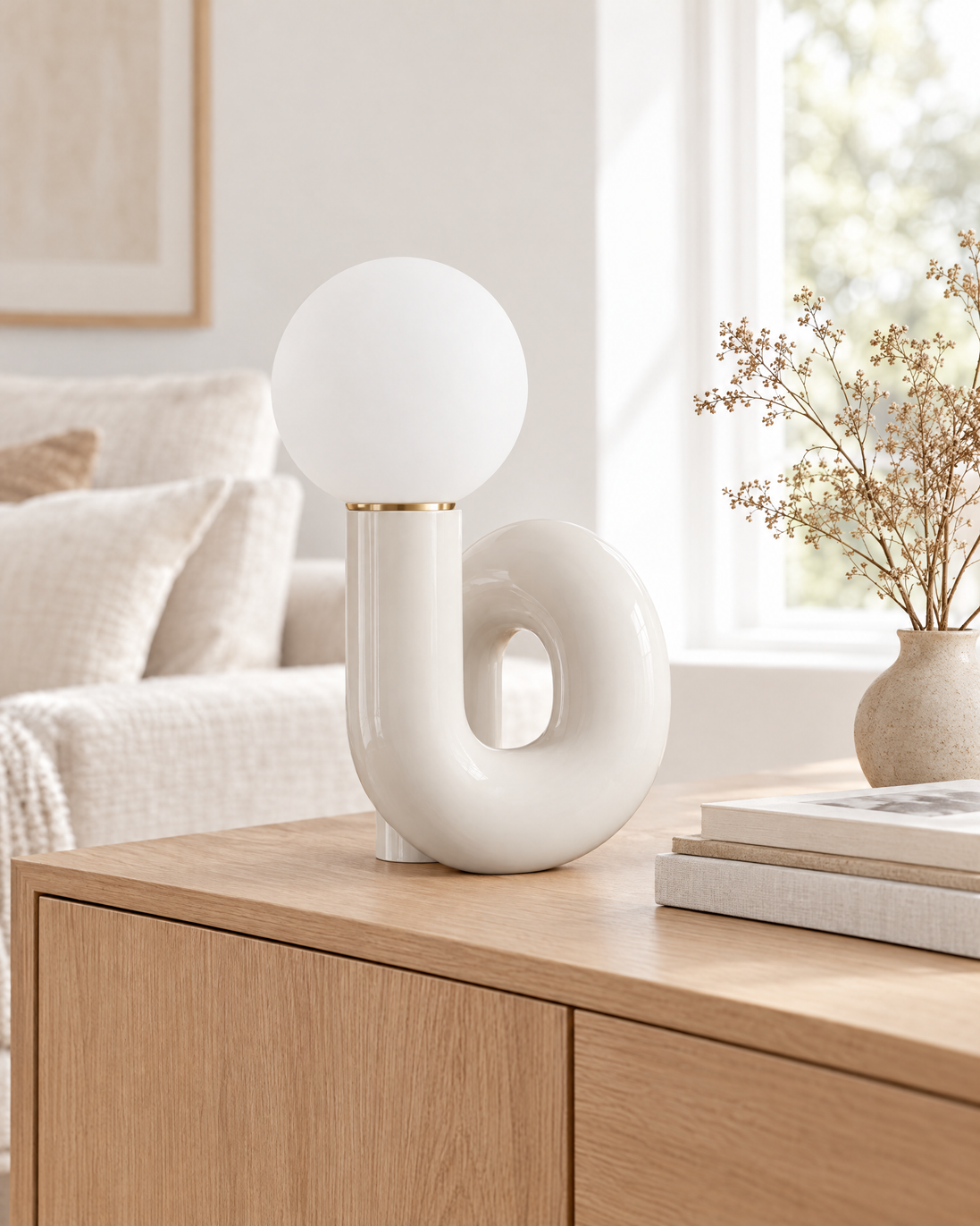 White swirl globe table lamp on an oak sideboard in a bright living room
