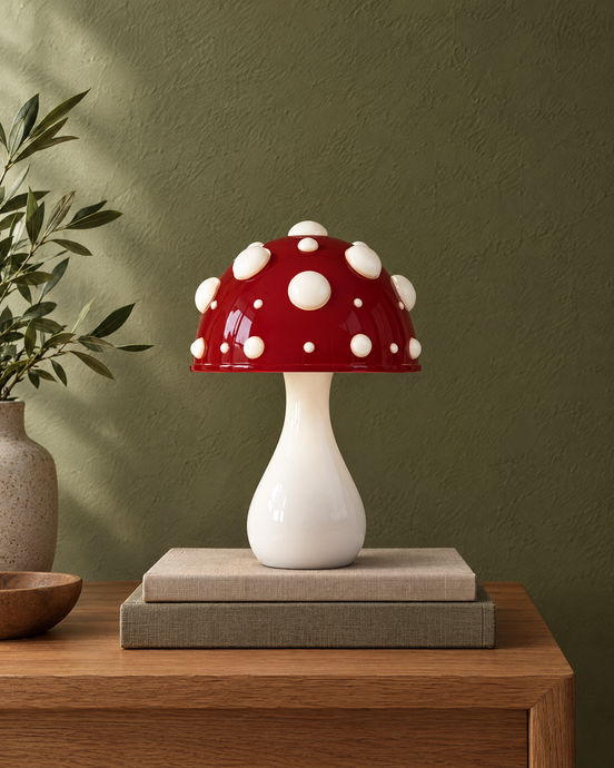 Toadstool mushroom lamp with a red dotted cap and white stem, switched off