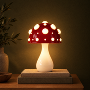 Toadstool mushroom lamp switched on, glowing warm white