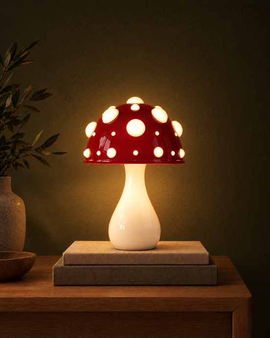 Toadstool mushroom lamp switched on, glowing warm white