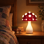 Red mushroom lamp glowing on a nightstand in a cozy bedroom