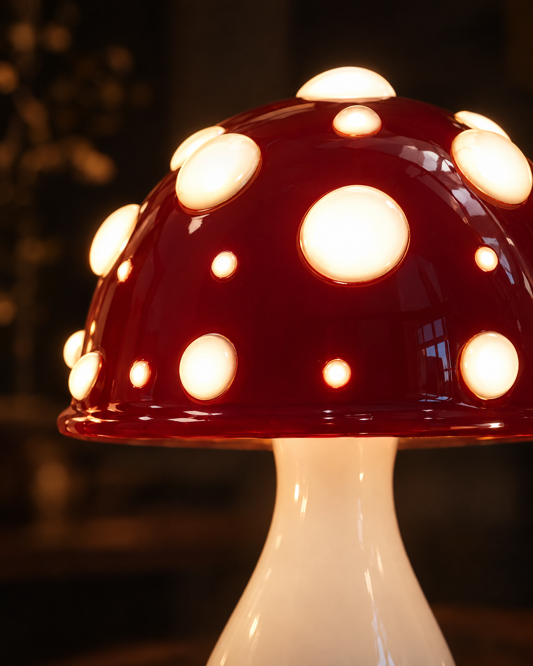 Close-up of the glowing dots on the red mushroom lamp cap