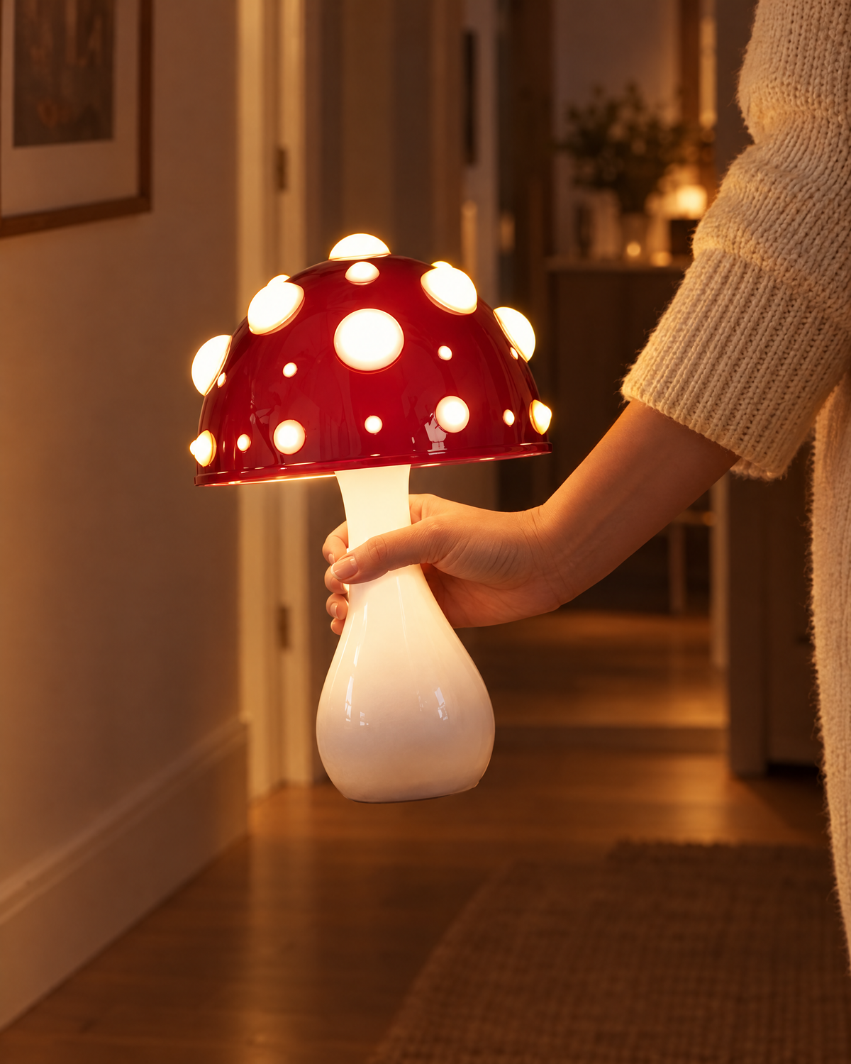 Hand carrying the cordless mushroom lamp down a hallway