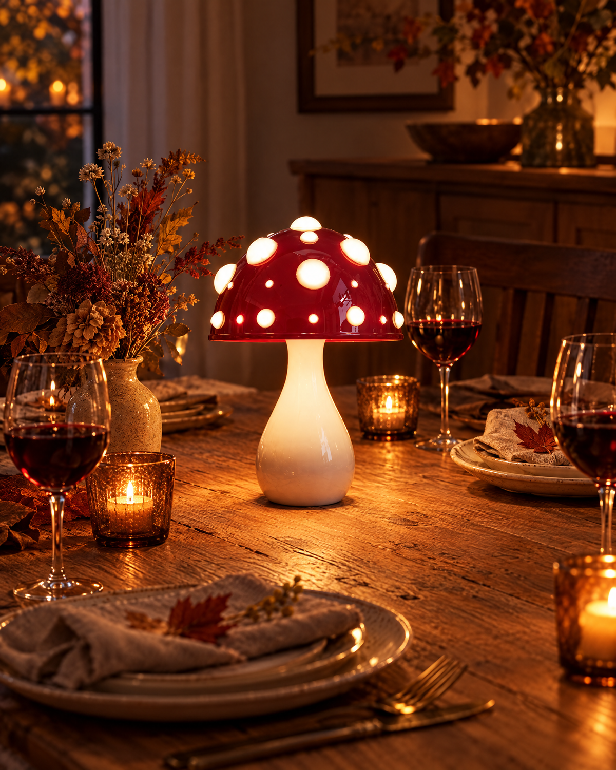 Cordless mushroom lamp glowing on a dinner table