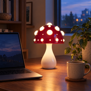 Mushroom table lamp on a walnut desk in a home office at dusk