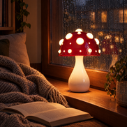 Mushroom lamp glowing on a window sill on a rainy evening