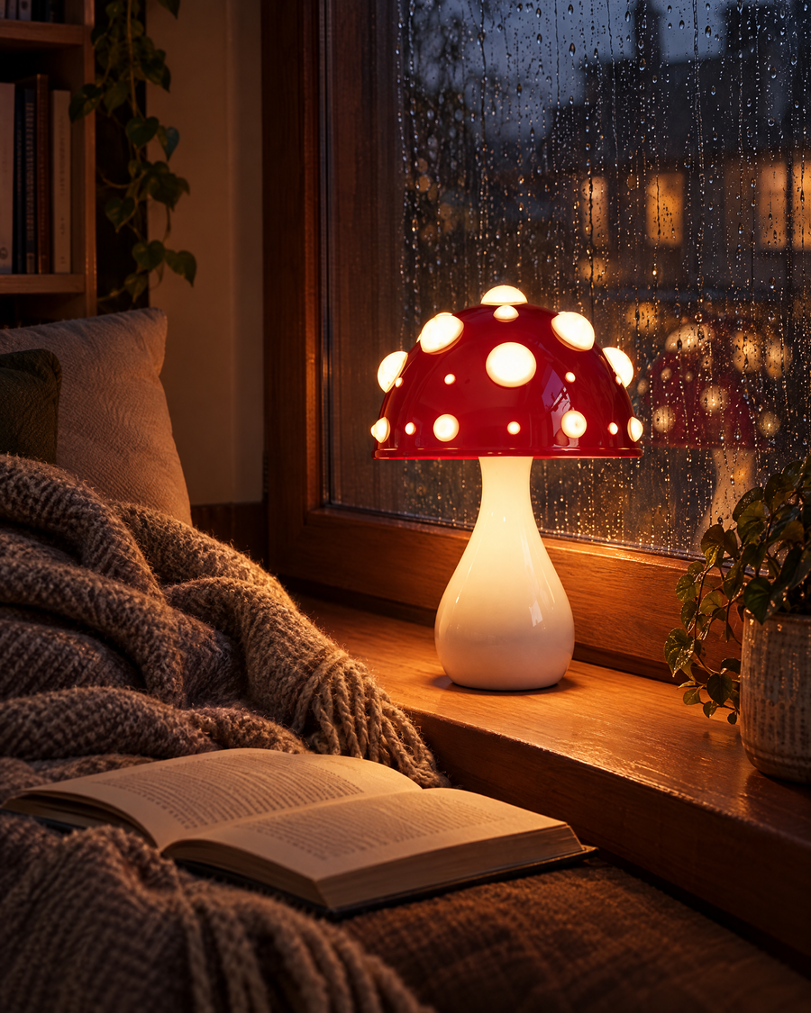 Rain outside, a book and a little red lamp.