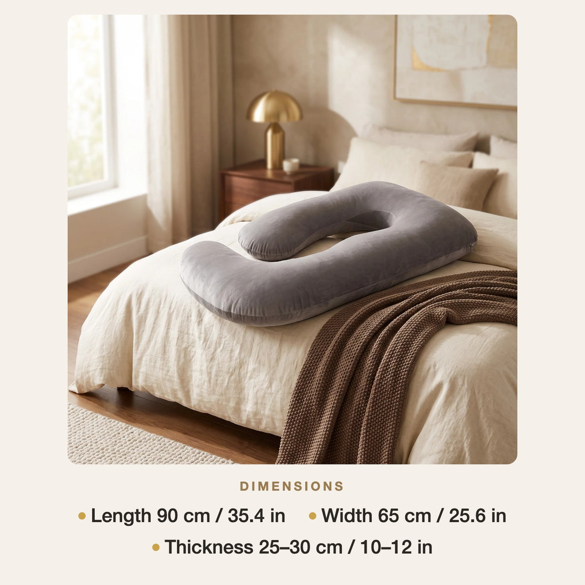 U-Shaped Pregnancy Pillow dimensions: 90 x 65 cm, 25 to 30 cm thick